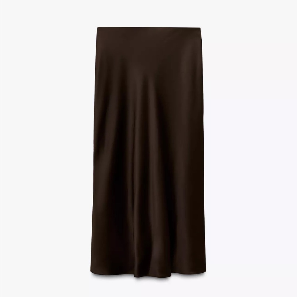 Zara Satin Effect A-Line Midi Skirt in Chocolate Brown